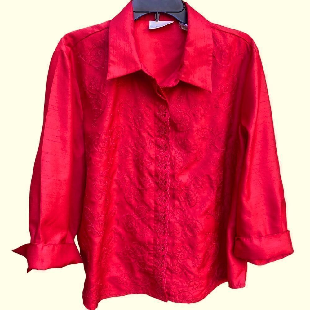 Draper’s & Damons Long Sleeve Red Embroidered Blouse Sz XL Vintage